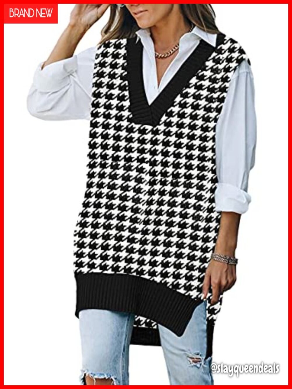 Oversized V Neck Knit Sweater Vest Tunic Sleeveless Pullover Top